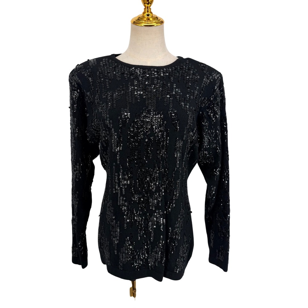 Linda Allard for Ellen Tracy Sweater Womens Large Black Sequin Lambswool Angora